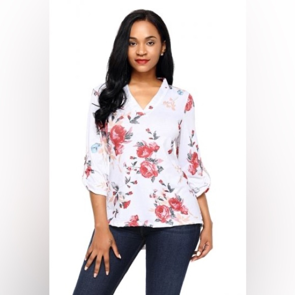 NWT Timeson V Neck Long Roll Tab Sleeve Tunic‎ Blouse - Size: Small